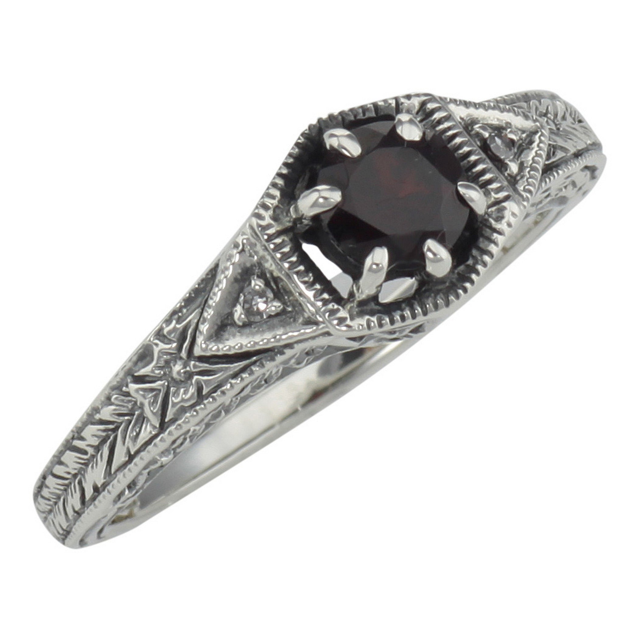 Antique style, Garnet, Diamond, sterling silver rings, front view