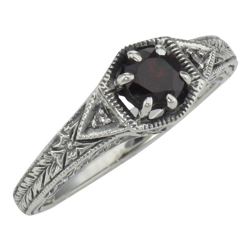 Antique style, Garnet, Diamond, sterling silver rings, front view