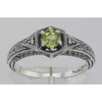 Detail view of Victorian Style Peridot Filigree Ring w/ 2 Diamonds highlighting Diamond, Peridot