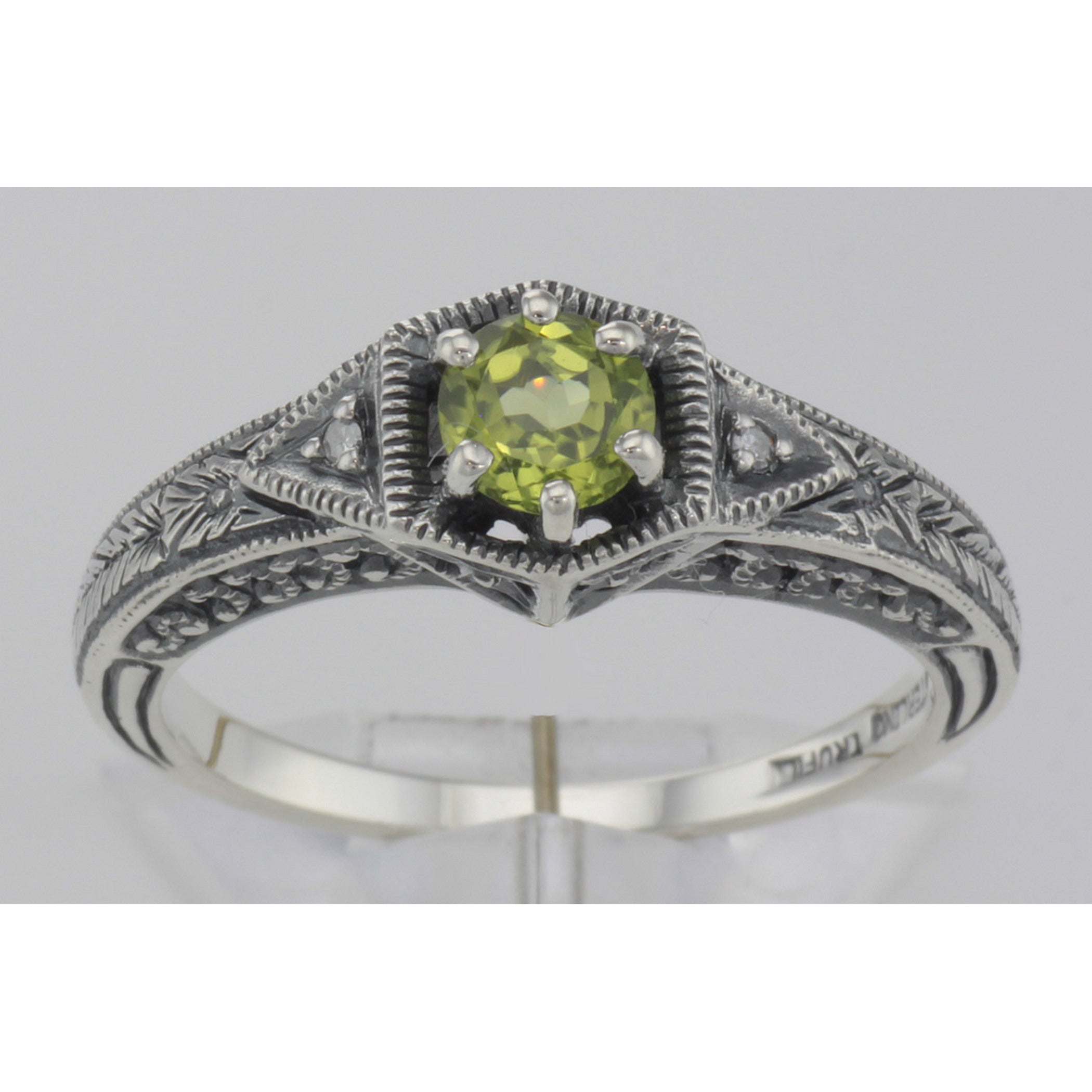 Detail view of Victorian Style Peridot Filigree Ring w/ 2 Diamonds highlighting Diamond, Peridot