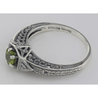 Back view of Victorian Style Peridot Filigree Ring w/ 2 Diamonds showing 925 sterling silver hallmark