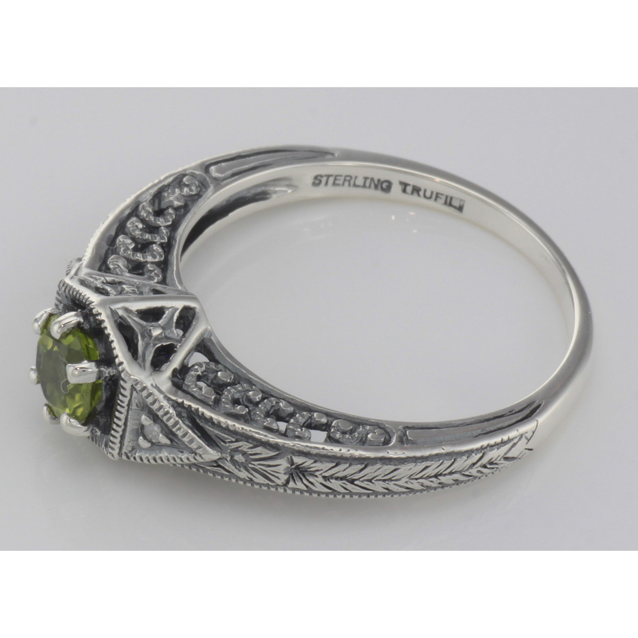 Back view of Victorian Style Peridot Filigree Ring w/ 2 Diamonds showing 925 sterling silver hallmark