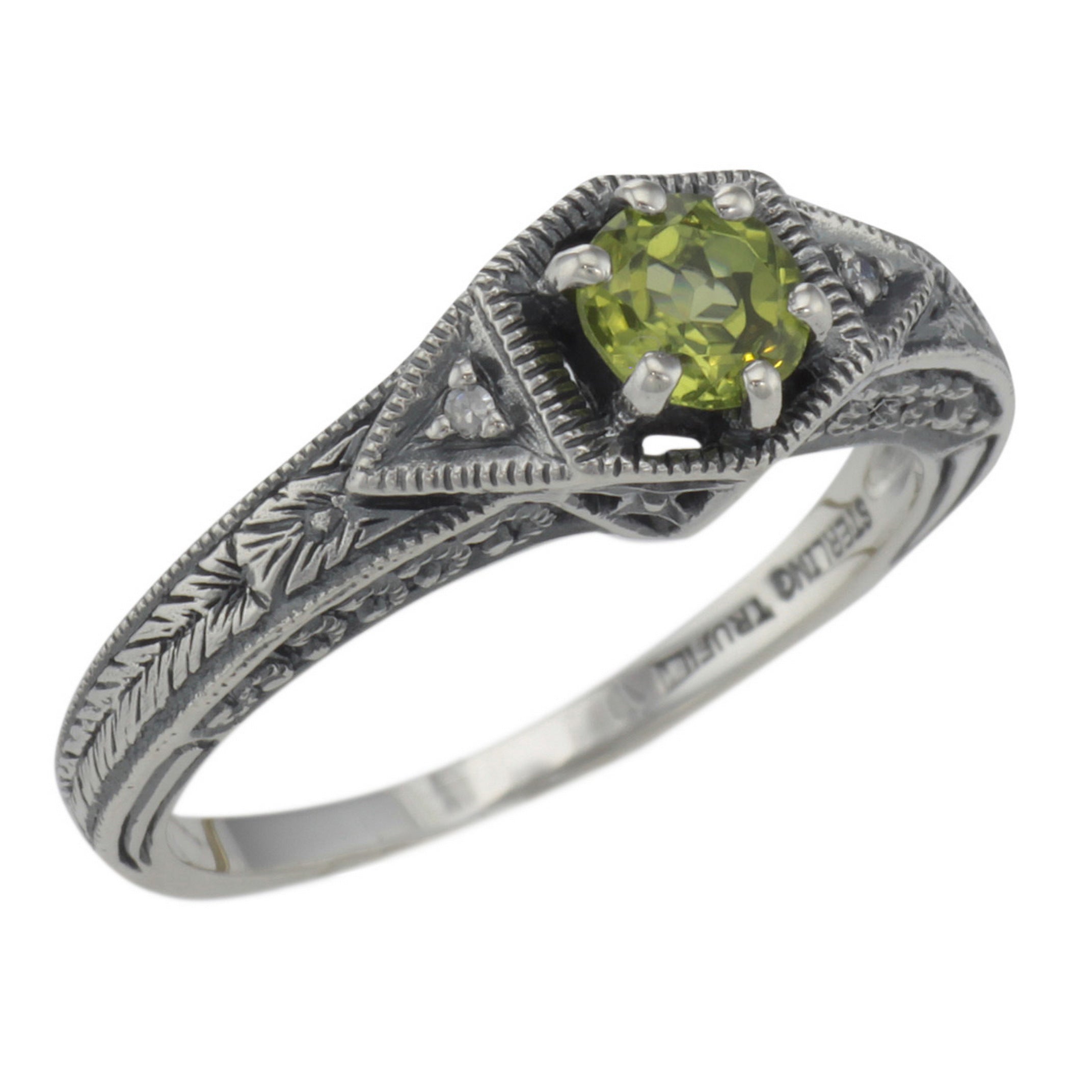 Victorian style, Diamond, Peridot, sterling silver rings, front view