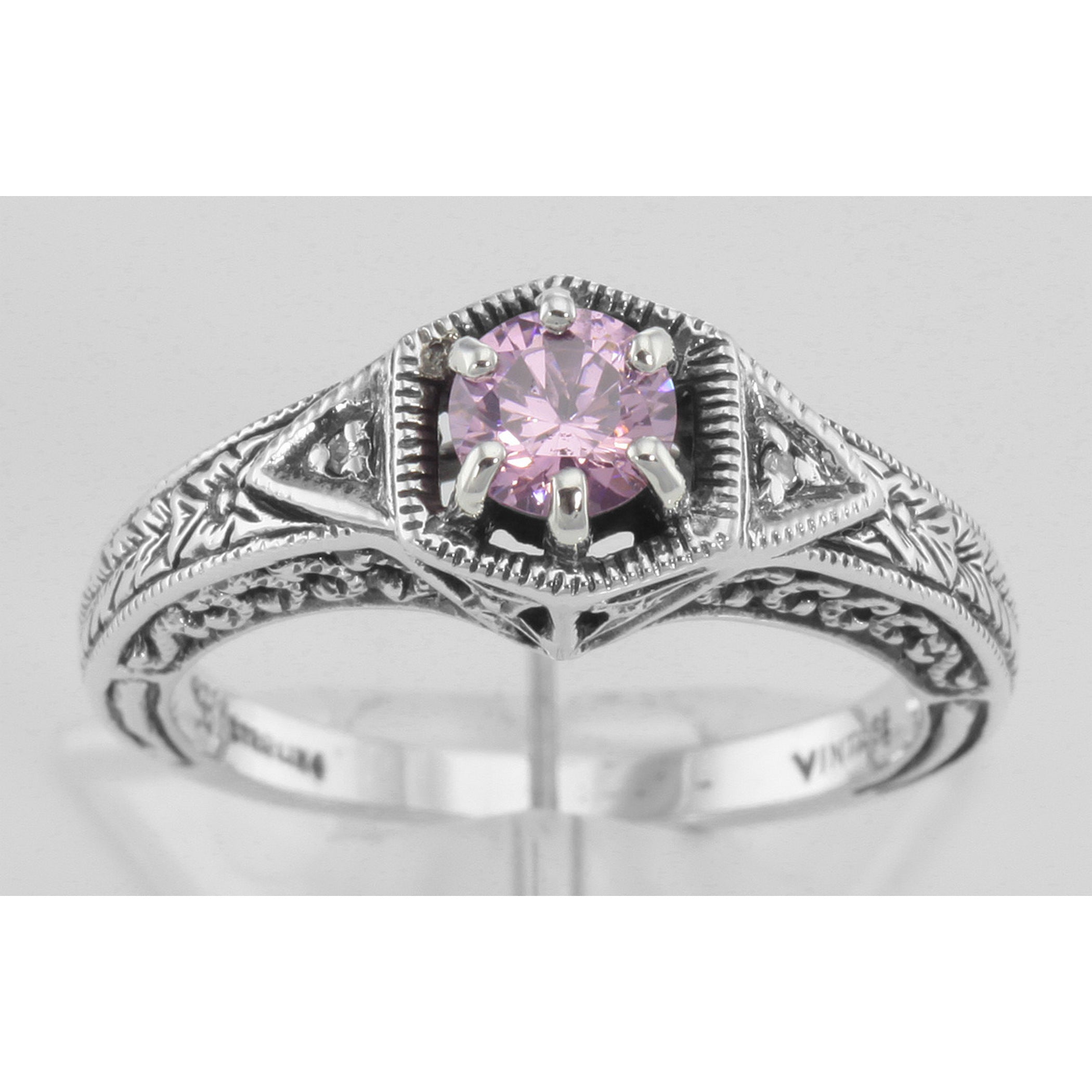 Detail view of Victorian Style Pink Cubic Zirconia Ring w/ 2 Diamonds Sterling Silver highlighting Diamond, Cubic Zirconia