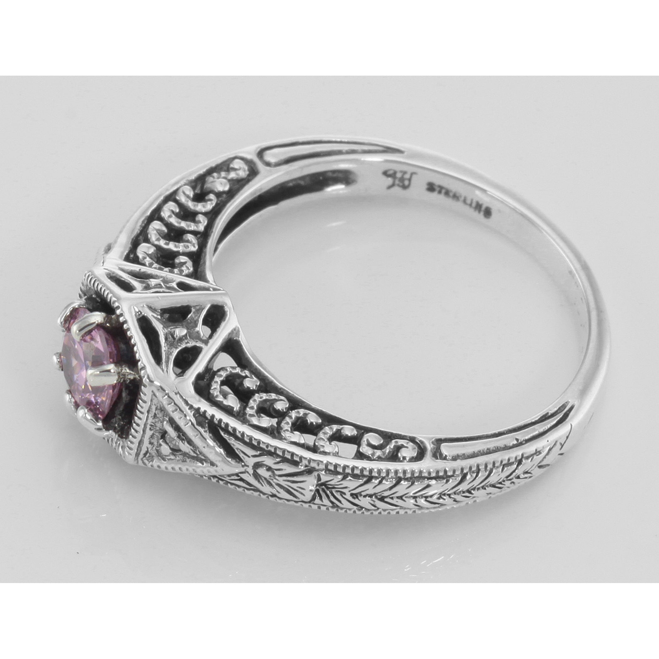 Back view of Victorian Style Pink Cubic Zirconia Ring w/ 2 Diamonds Sterling Silver showing 925 sterling silver hallmark and 