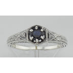 Detail view of Art Deco Style Blue Sapphire Filigree Ring w/ 2 Diamonds highlighting Sapphire, Diamond