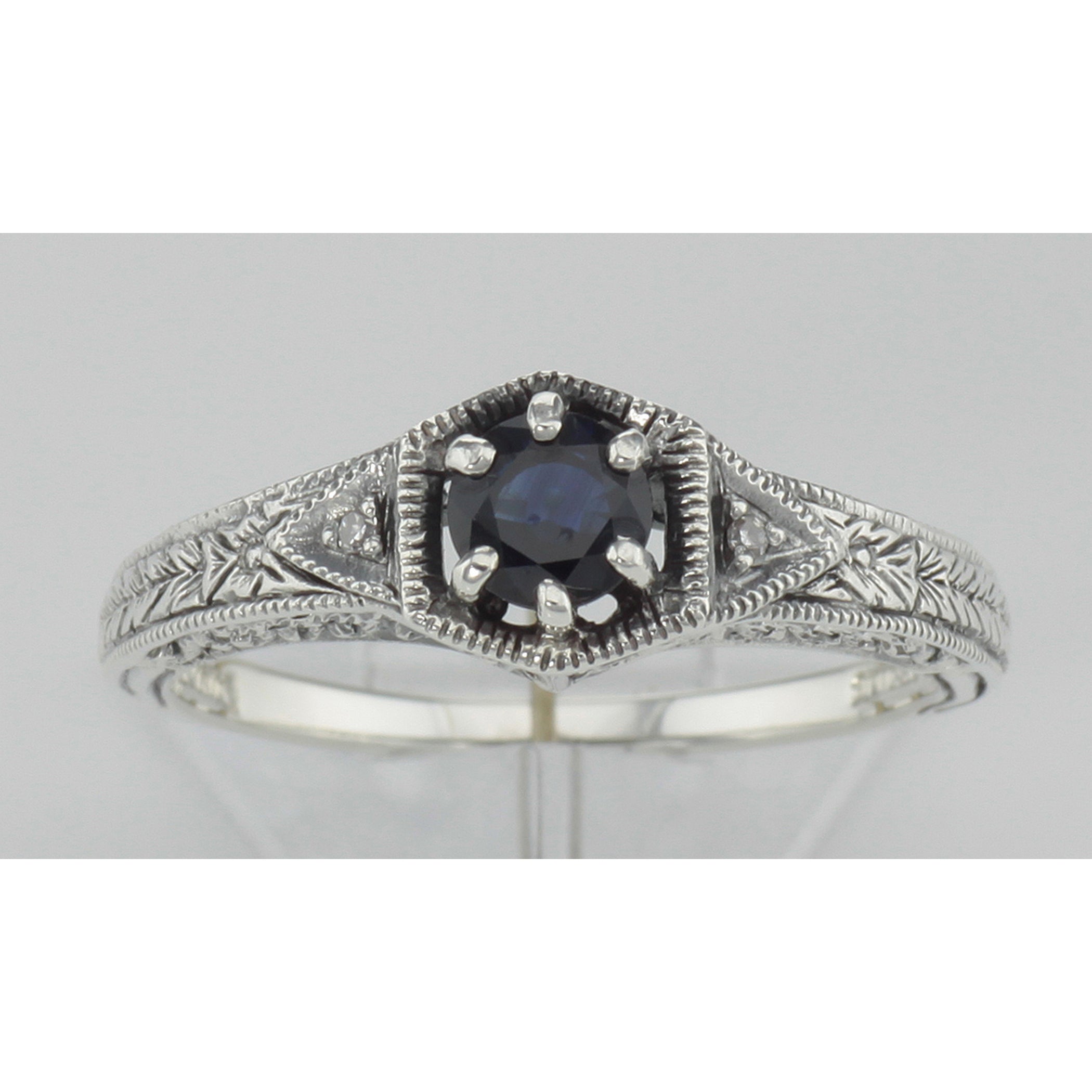 Detail view of Art Deco Style Blue Sapphire Filigree Ring w/ 2 Diamonds highlighting Sapphire, Diamond