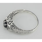 Back view of Art Deco Style Blue Sapphire Filigree Ring w/ 2 Diamonds showing 925 sterling silver hallmark