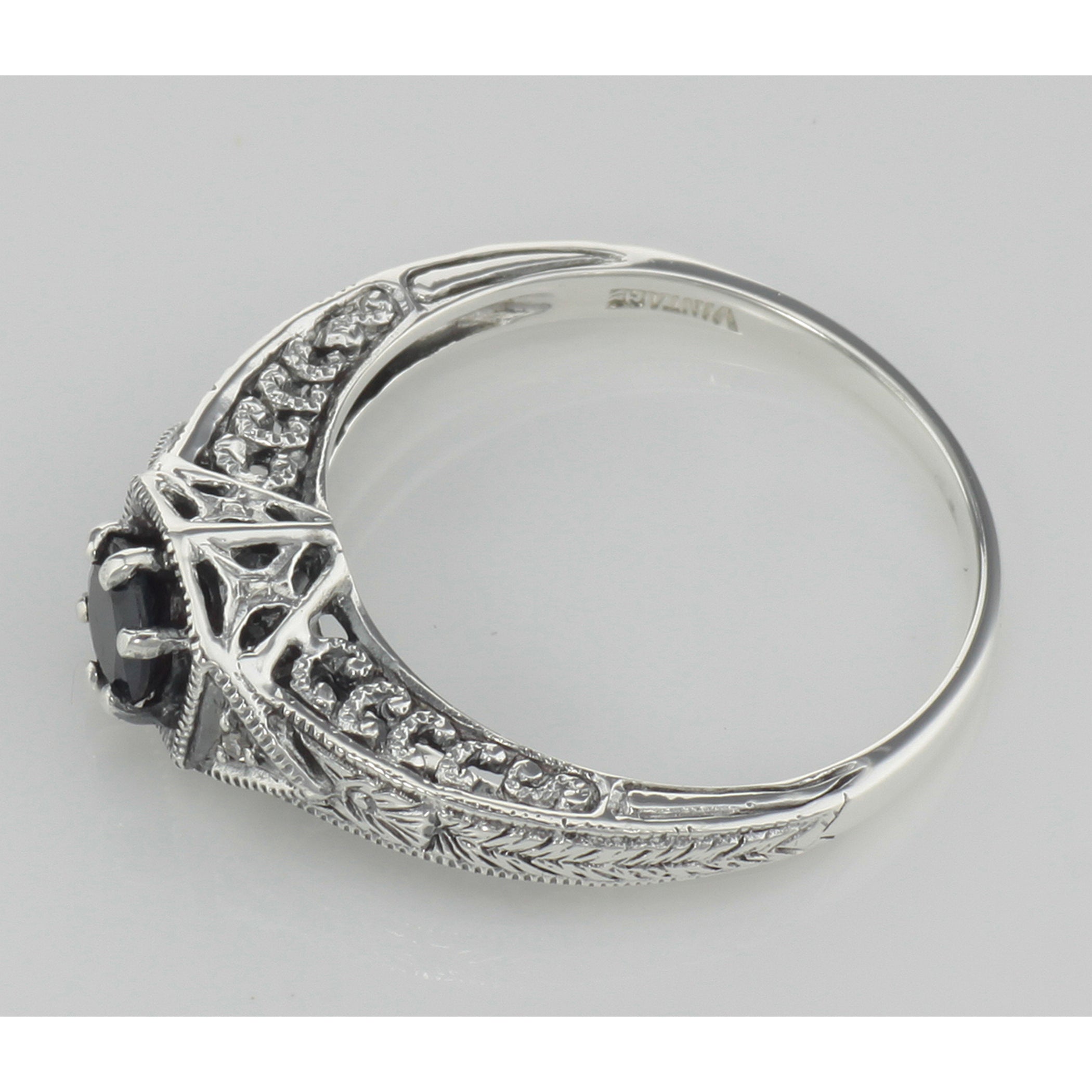 Back view of Art Deco Style Blue Sapphire Filigree Ring w/ 2 Diamonds showing 925 sterling silver hallmark
