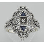 Detail view of Art Deco Style Sapphire Filigree Ring w/ Diamond highlighting Sapphire, Diamond