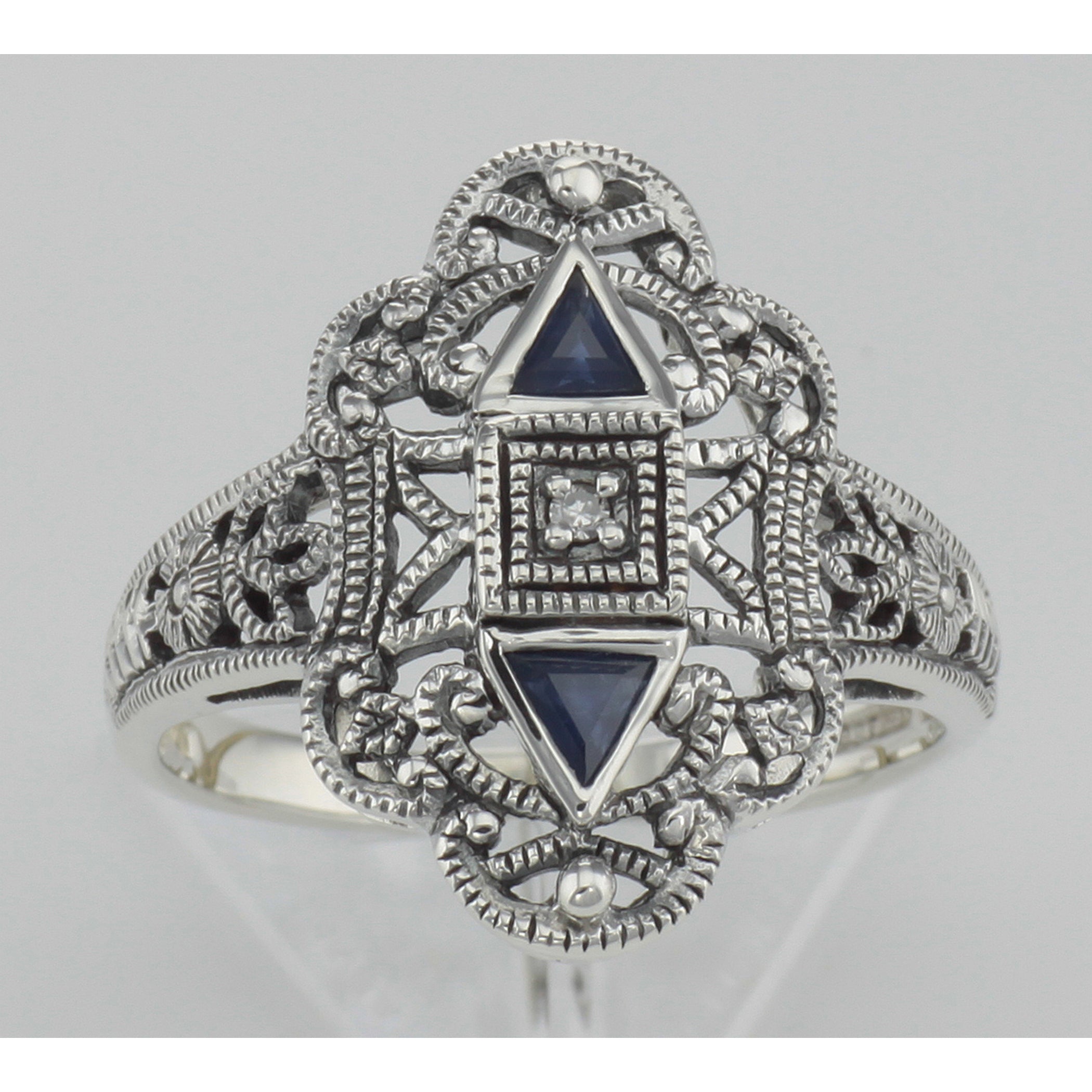 Detail view of Art Deco Style Sapphire Filigree Ring w/ Diamond highlighting Sapphire, Diamond
