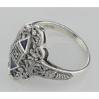 Back view of Art Deco Style Sapphire Filigree Ring w/ Diamond showing 925 sterling silver hallmark