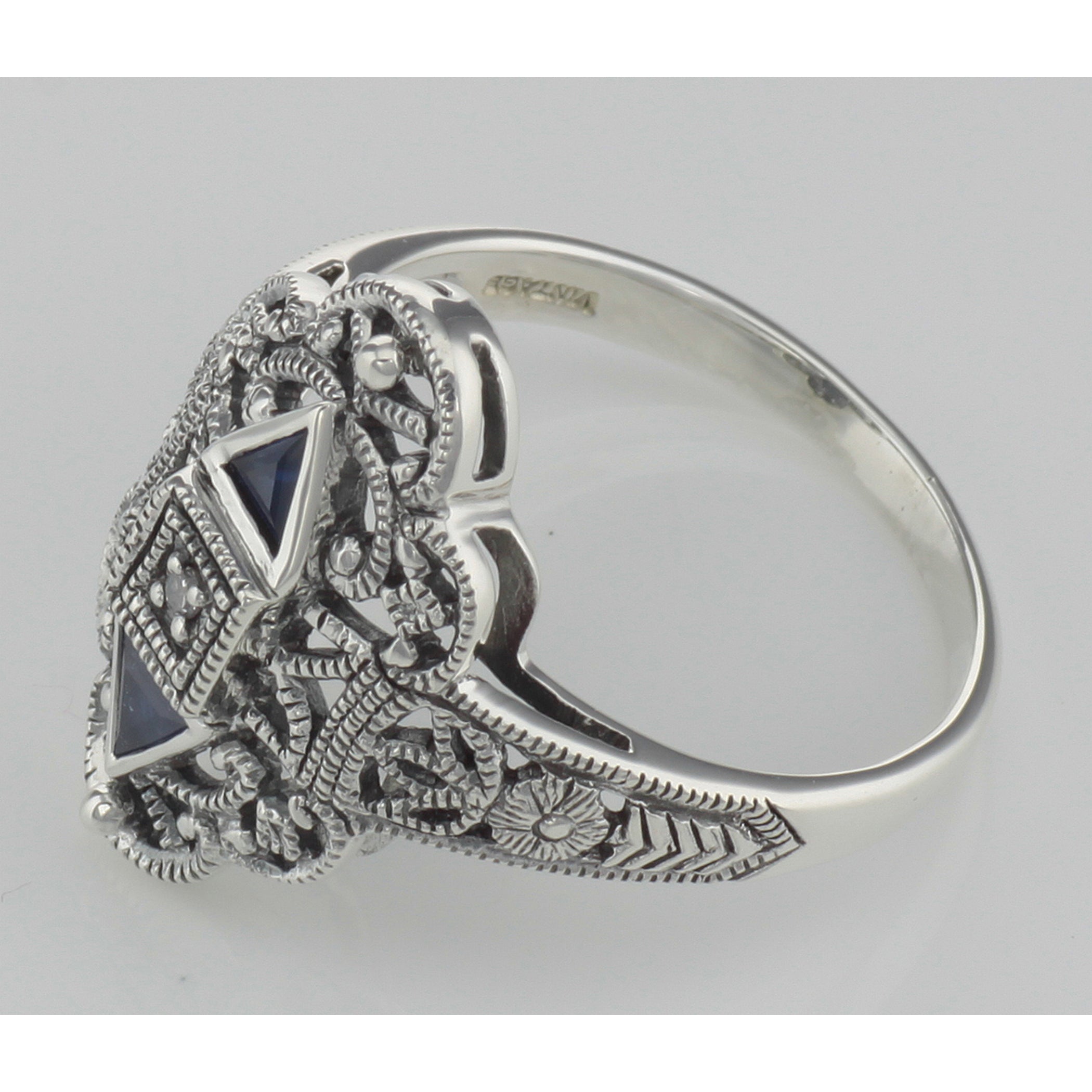 Back view of Art Deco Style Sapphire Filigree Ring w/ Diamond showing 925 sterling silver hallmark