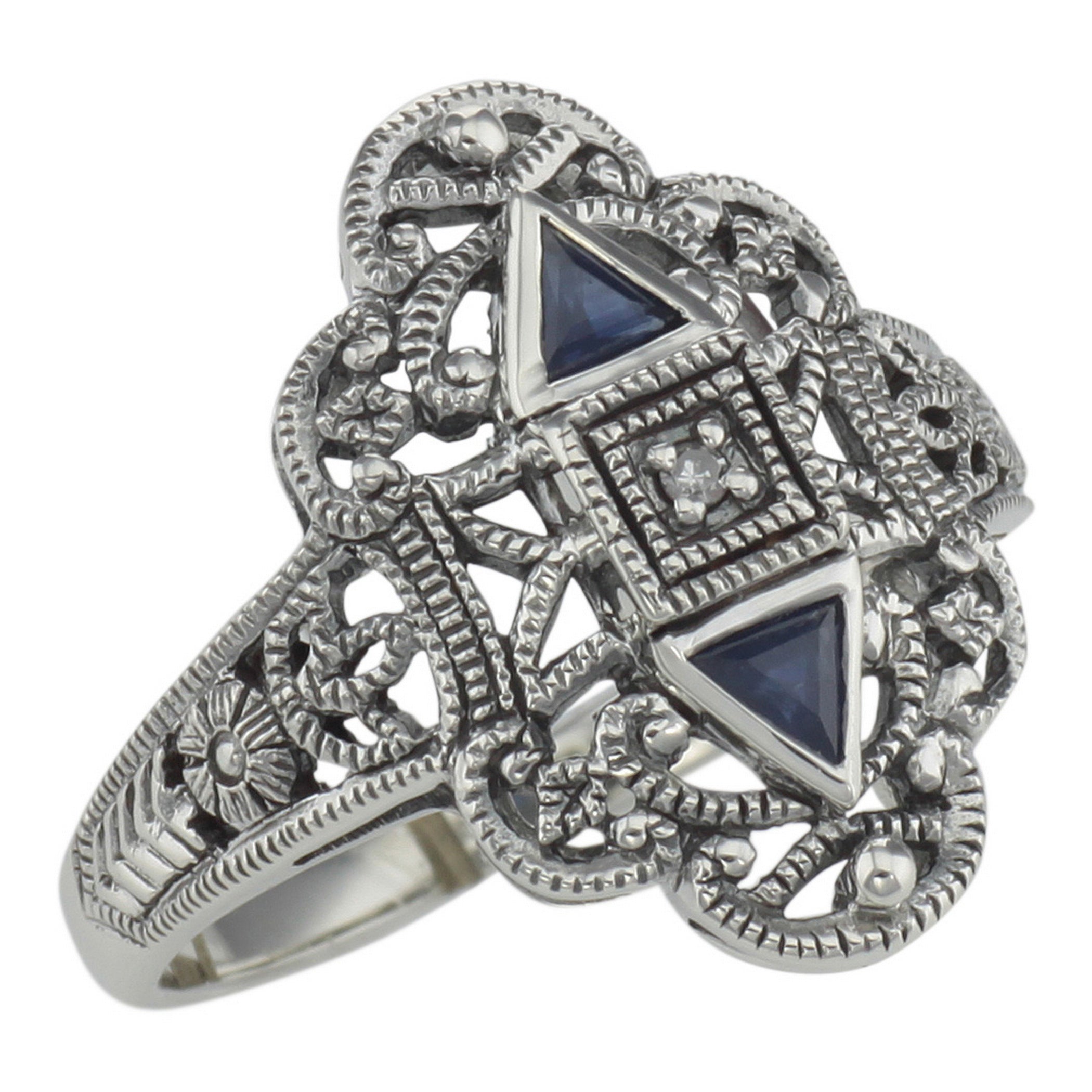 Art Deco style, Sapphire, Diamond, sterling silver rings, front view