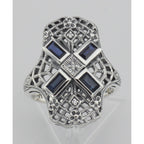 Detail view of Art Deco Style Filigree Ring w/ Sapphire and 3 Diamonds highlighting Sapphire, Diamond