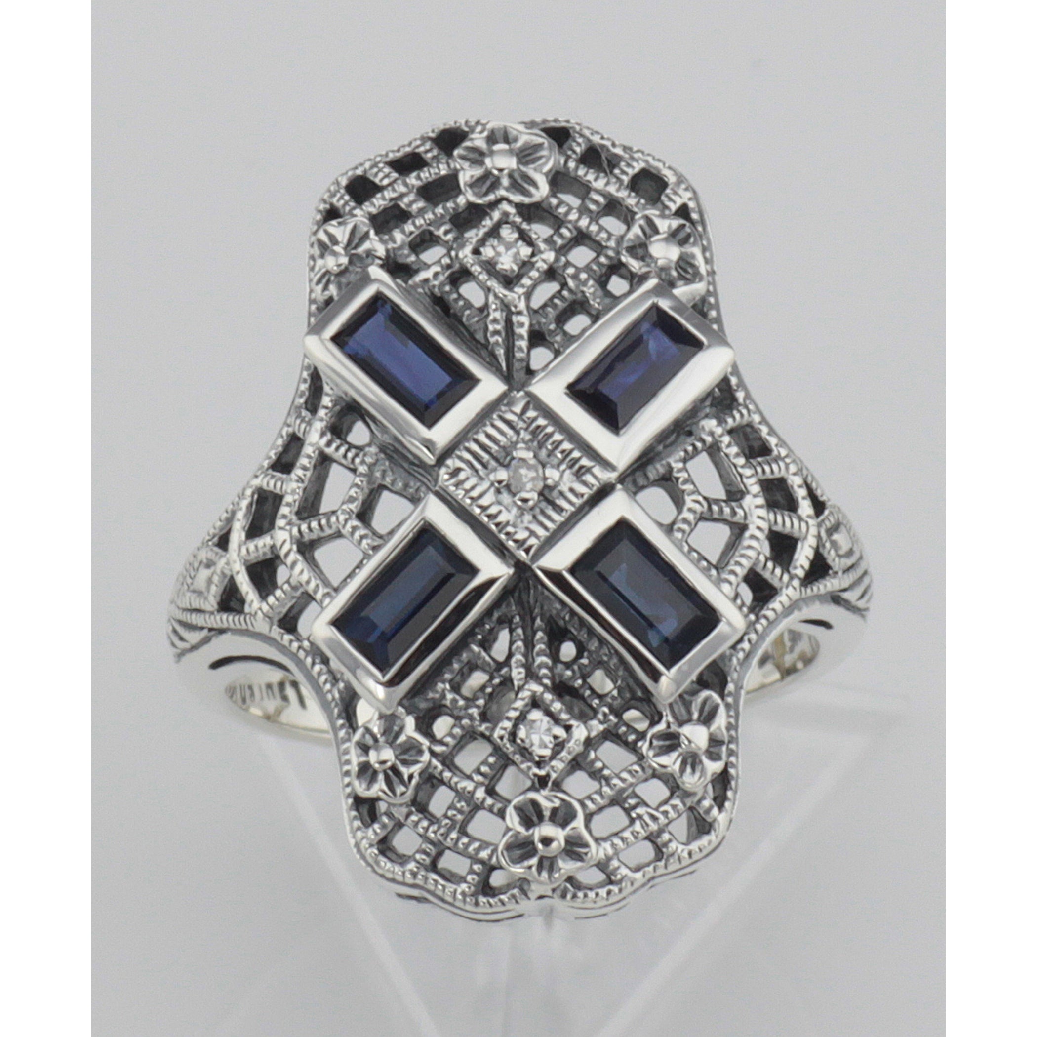 Detail view of Art Deco Style Filigree Ring w/ Sapphire and 3 Diamonds highlighting Sapphire, Diamond