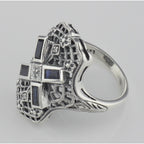 Back view of Art Deco Style Filigree Ring w/ Sapphire and 3 Diamonds showing 925 sterling silver hallmark