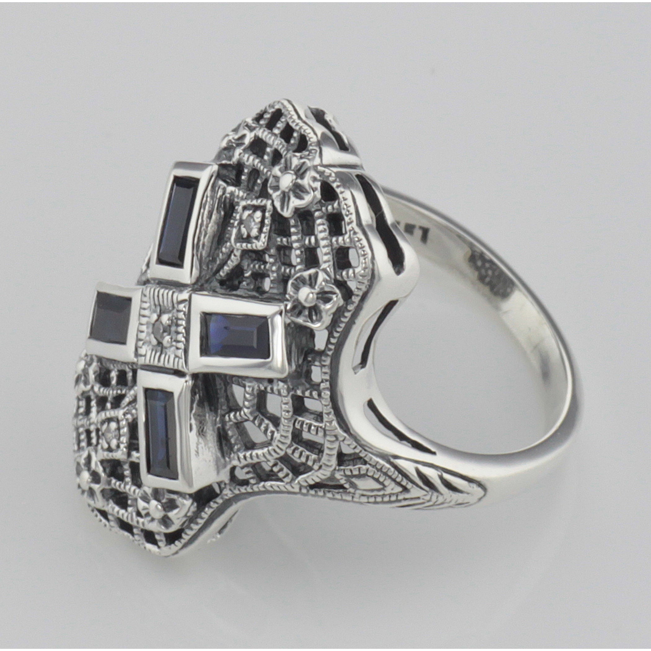 Back view of Art Deco Style Filigree Ring w/ Sapphire and 3 Diamonds showing 925 sterling silver hallmark
