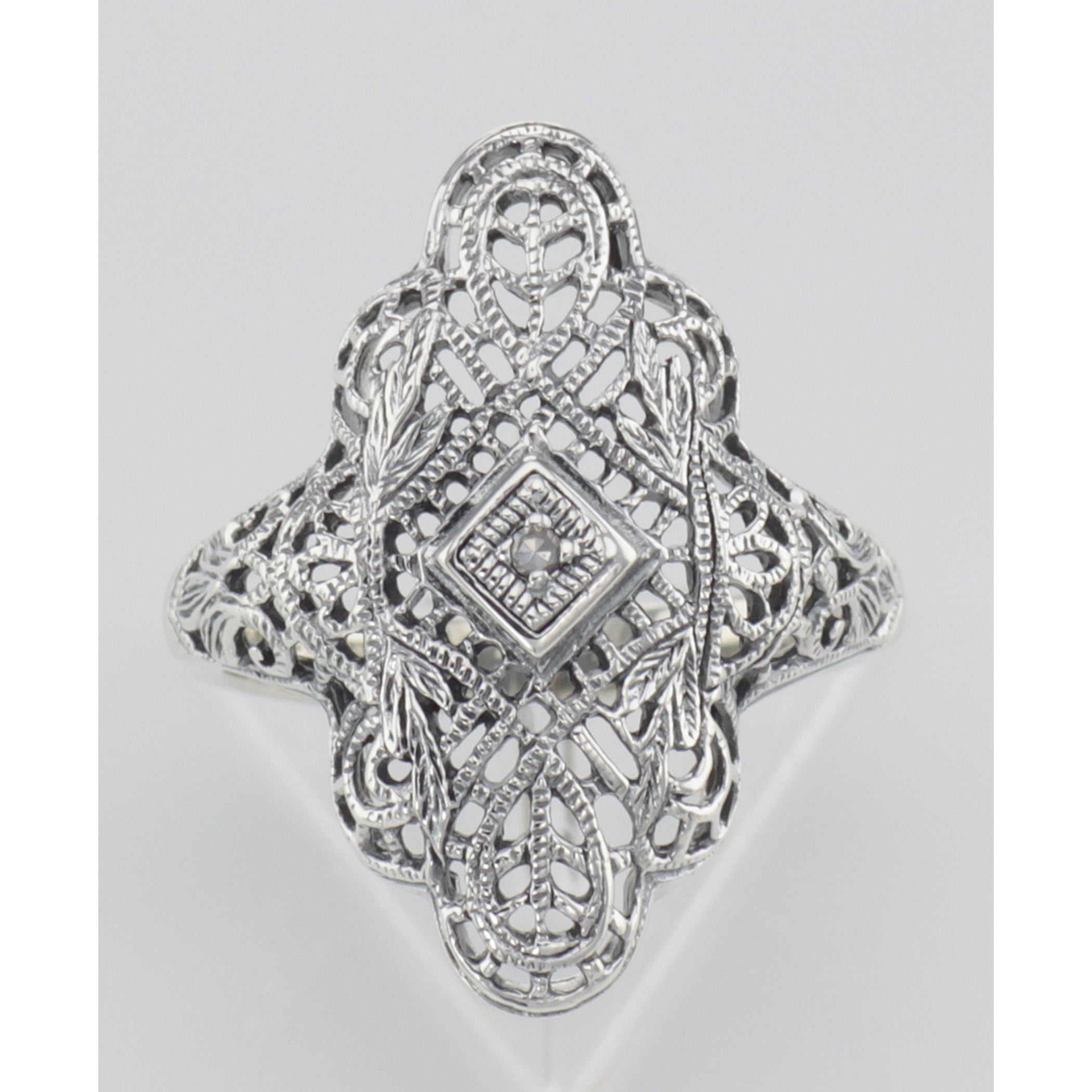 Detail view of Lovely Victorian Style Filigree Ring w/ Diamond highlighting Diamond