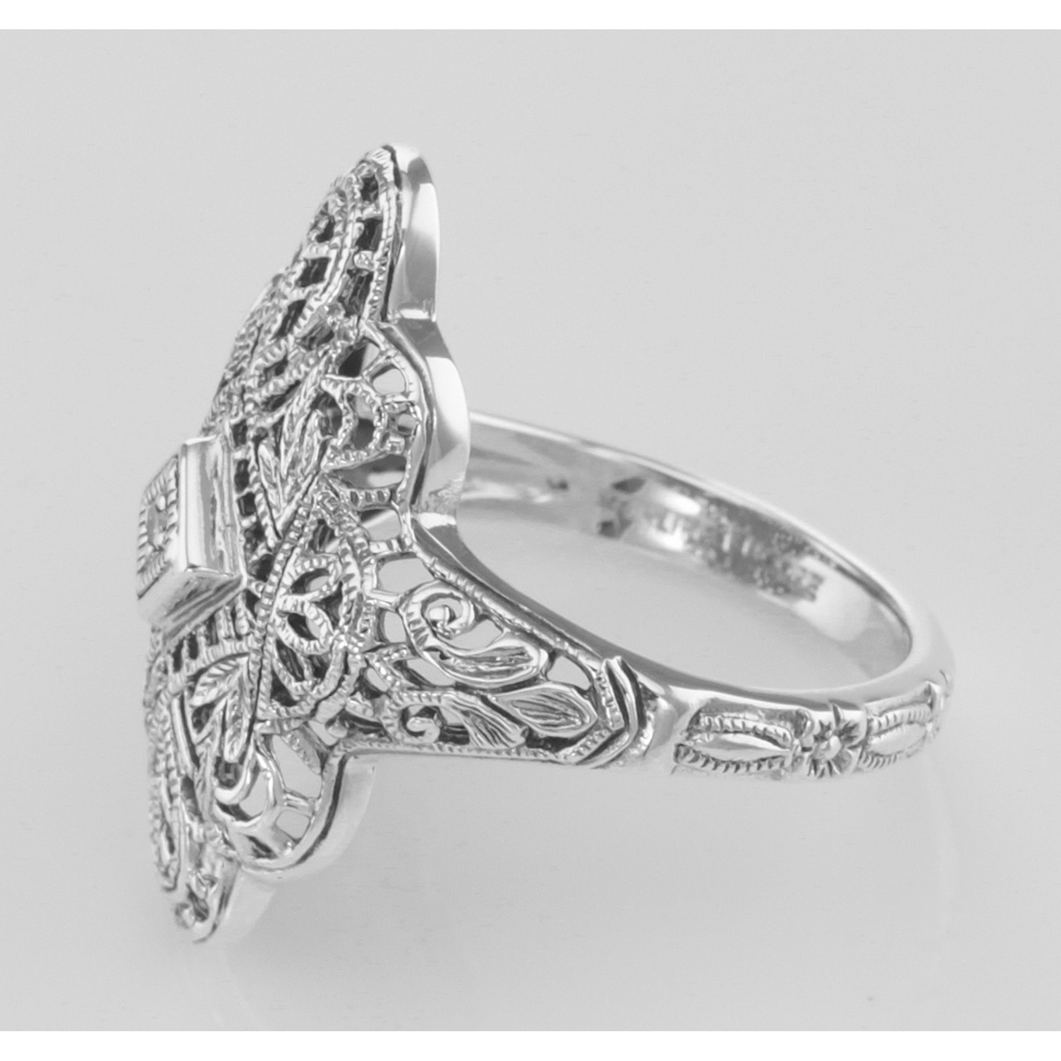 Back view of Lovely Victorian Style Filigree Ring w/ Diamond showing 925 sterling silver hallmark