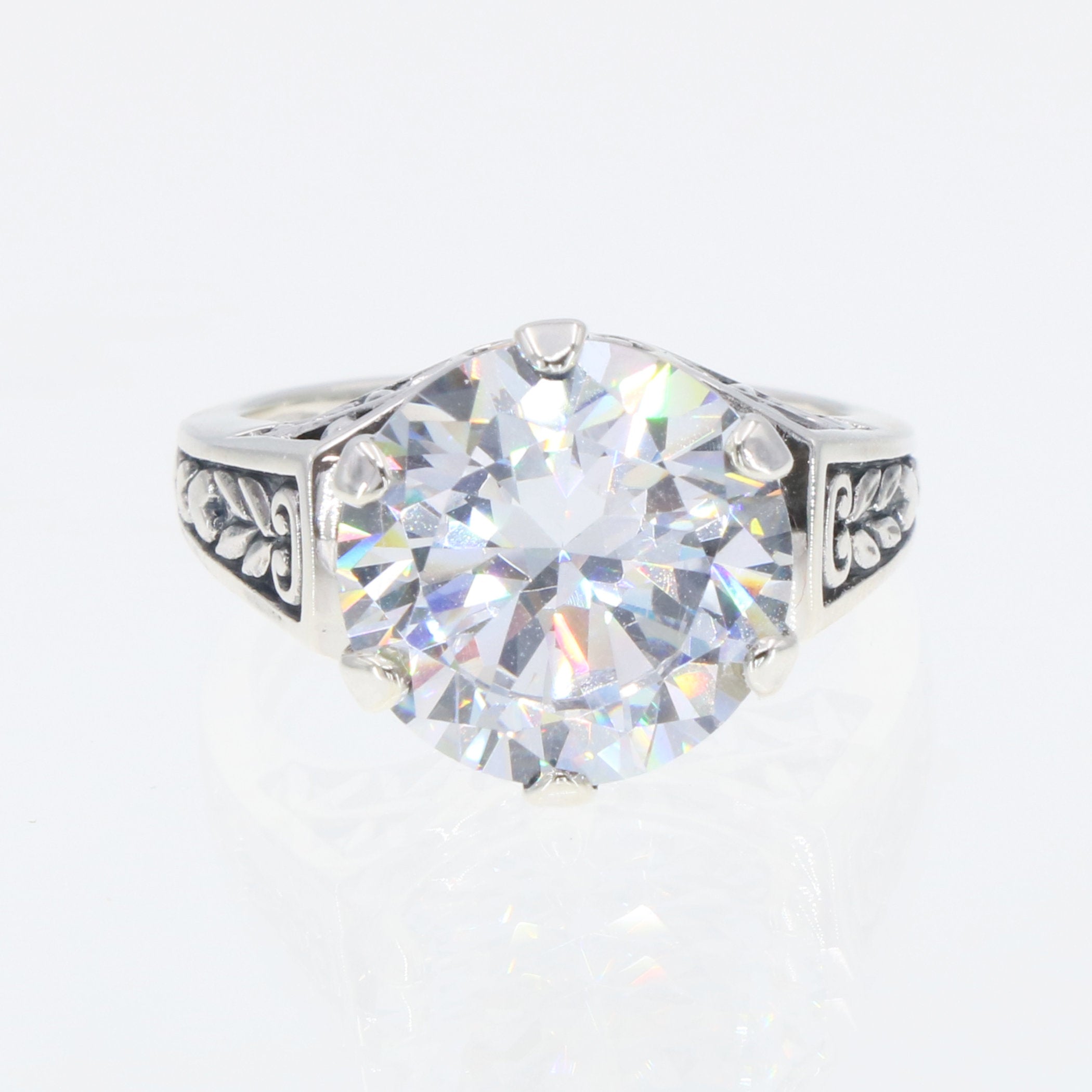 Back view of Classic Victorian Style Cubic Zirconia Filigree Ring showing 925 sterling silver hallmark