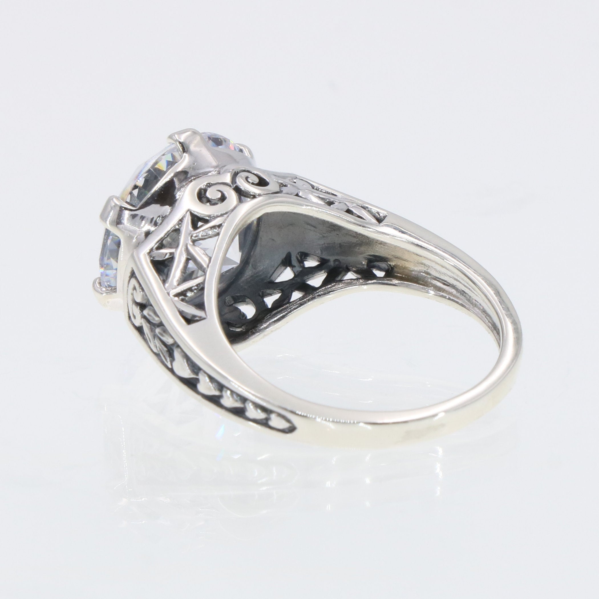 Detail view of Classic Victorian Style Cubic Zirconia Filigree Ring highlighting Cubic Zirconia