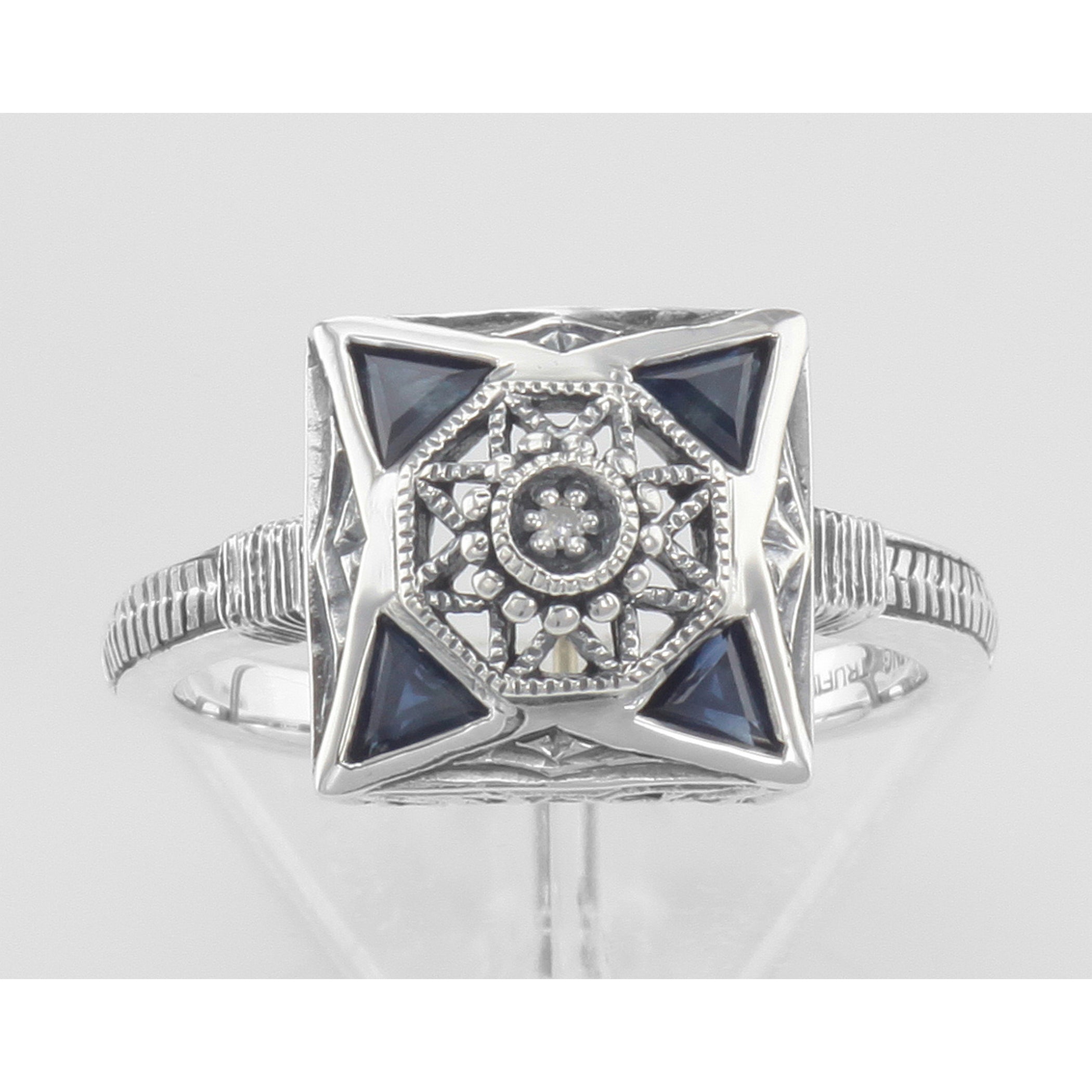 Detail view of Art Deco Style Diamond and Genuine Blue Sapphire Ring highlighting Sapphire, Diamond