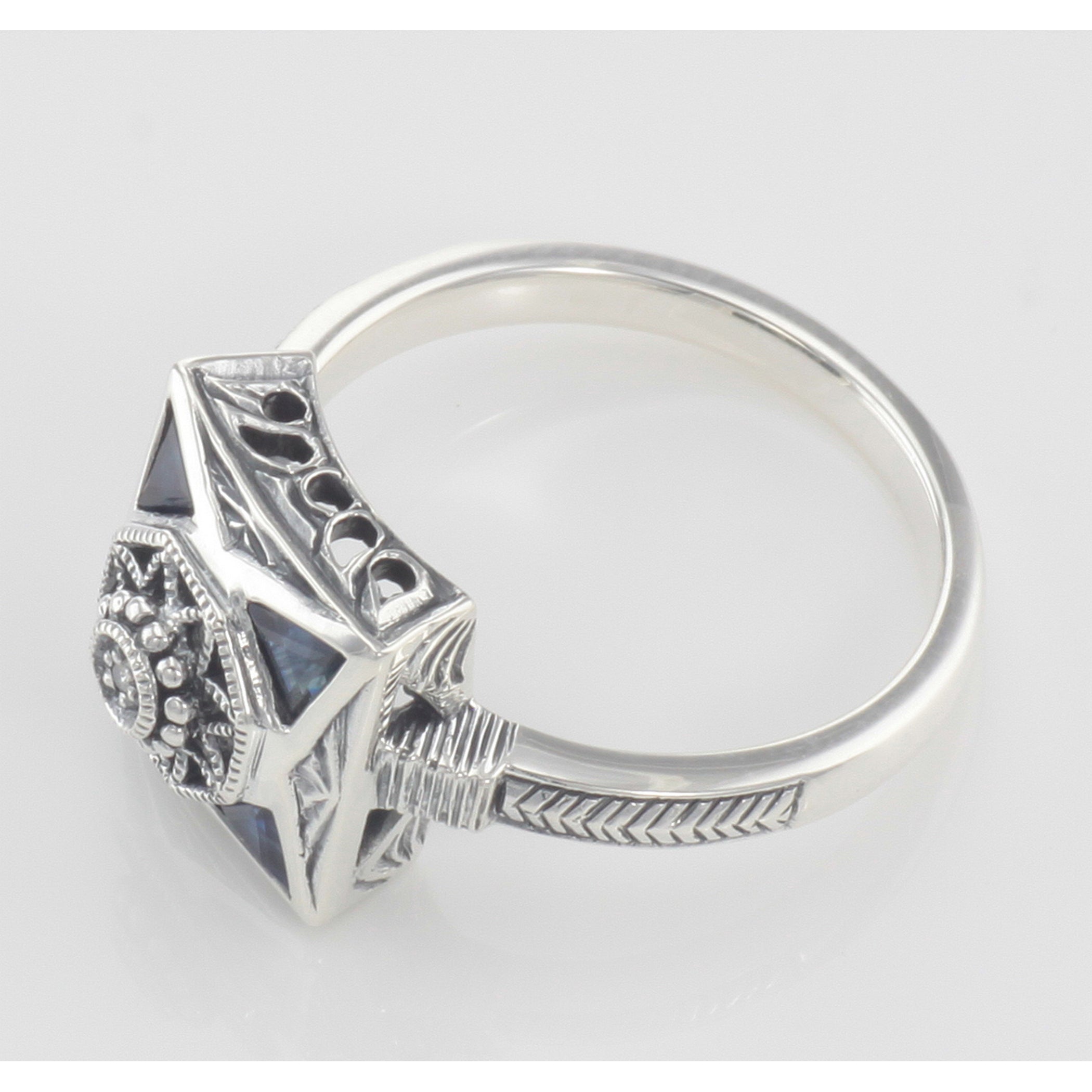 Back view of Art Deco Style Diamond and Genuine Blue Sapphire Ring showing 925 sterling silver hallmark