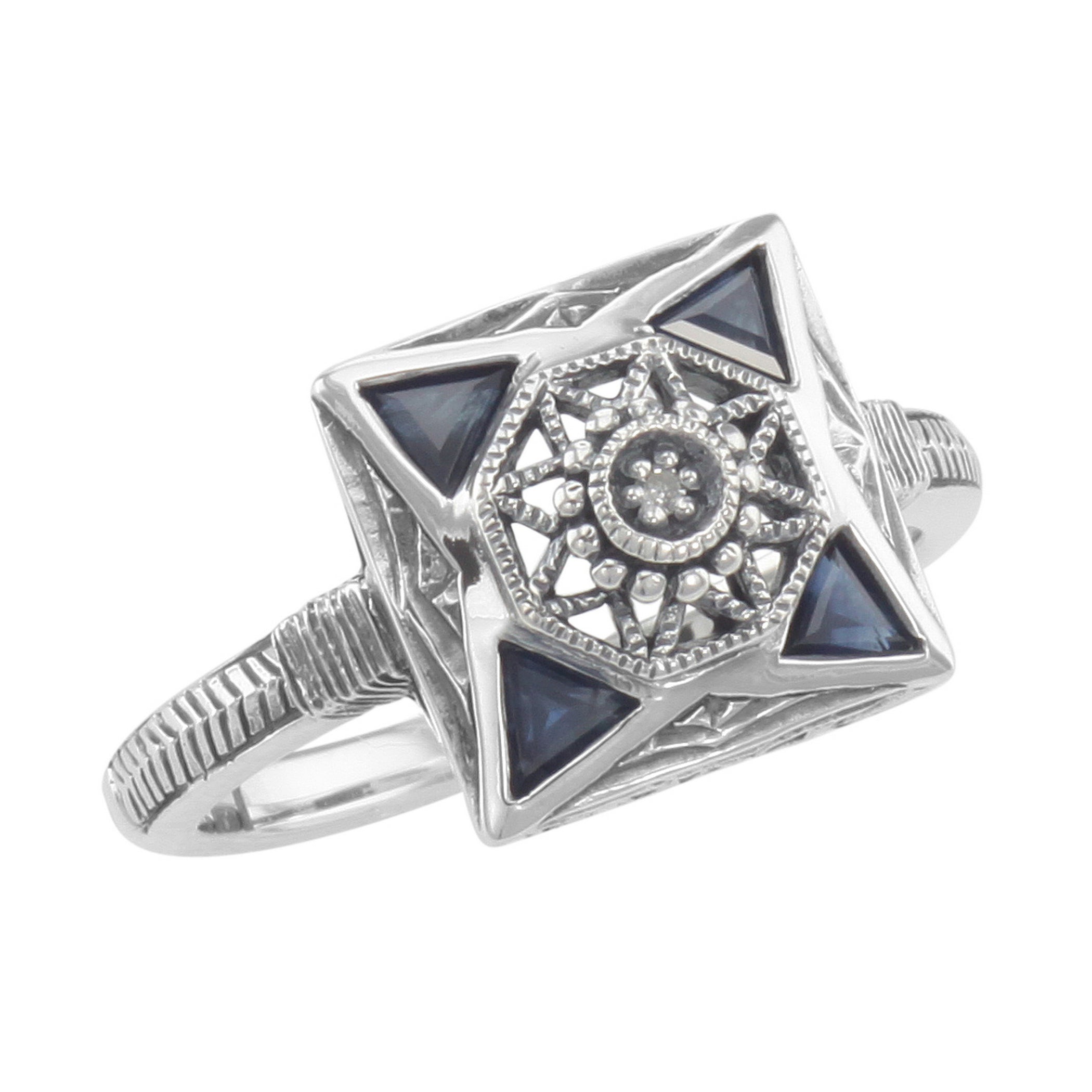 Art Deco style, Sapphire, Diamond, sterling silver rings, front view