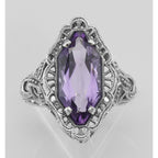 Detail view of Art Deco Style 4 Carat Amethyst Filigree Ring highlighting Amethyst