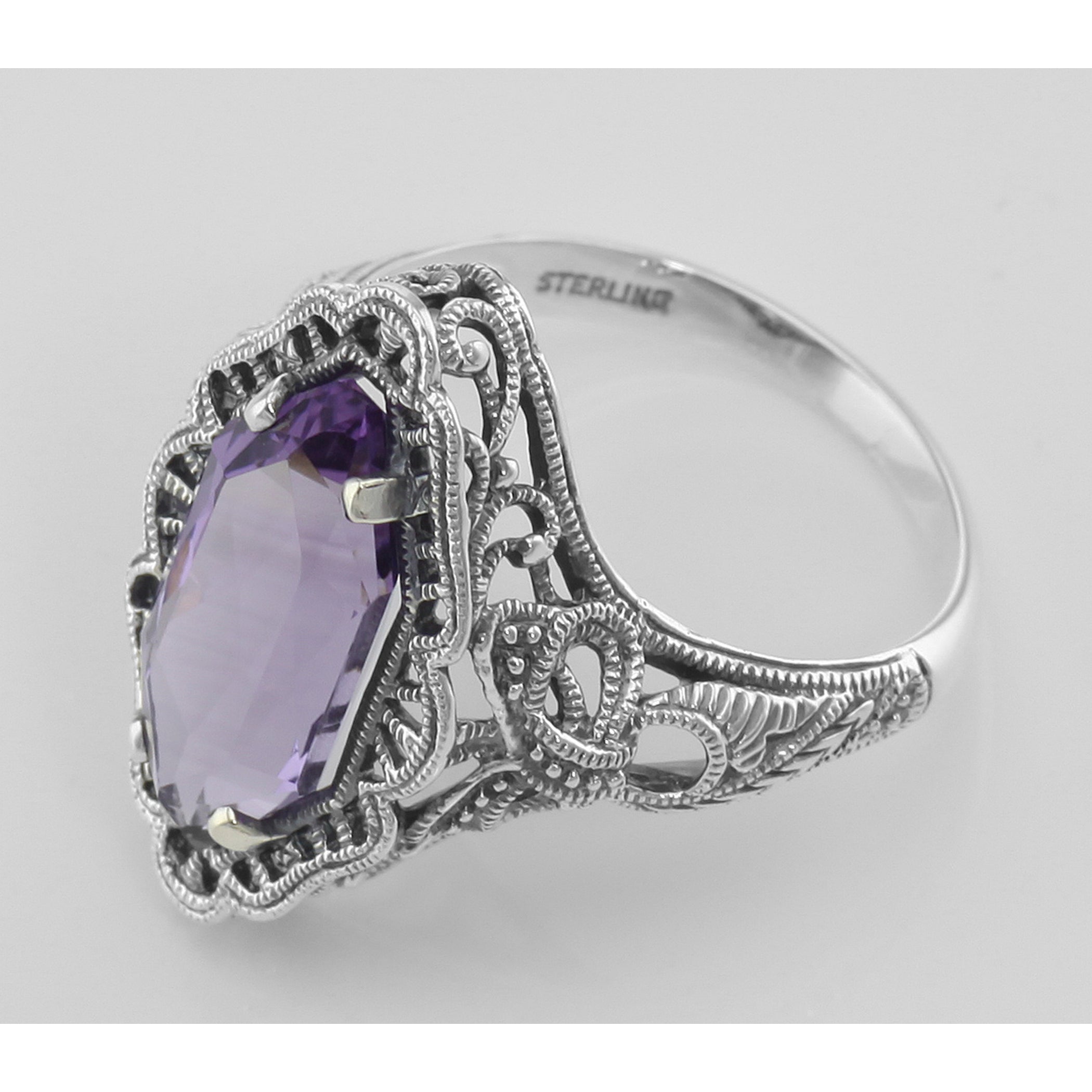 Back view of Art Deco Style 4 Carat Amethyst Filigree Ring showing 925 sterling silver hallmark