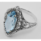 Back view of Art Deco Style 4 Carat Blue Topaz Filigree Ring showing 925 sterling silver hallmark