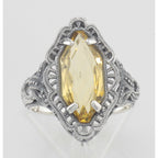 Detail view of Art Deco Style 4 Carat Golden Citrine Filigree Ring highlighting Citrine