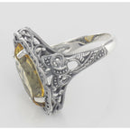Back view of Art Deco Style 4 Carat Golden Citrine Filigree Ring showing 925 sterling silver hallmark