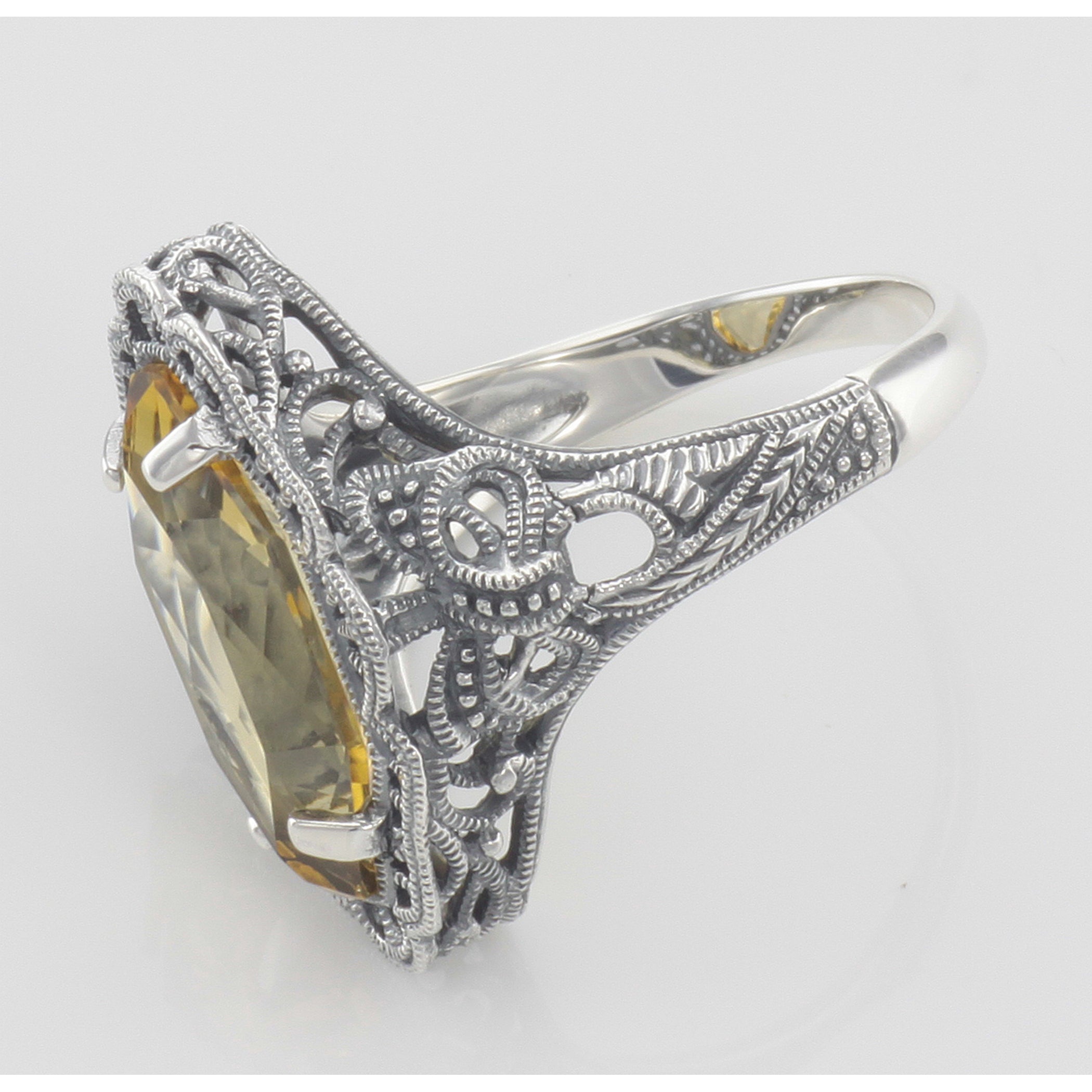 Back view of Art Deco Style 4 Carat Golden Citrine Filigree Ring showing 925 sterling silver hallmark