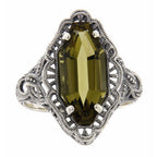Detail view of Art Deco Style 4 Carat Olive Quartz Filigree Ring highlighting design details