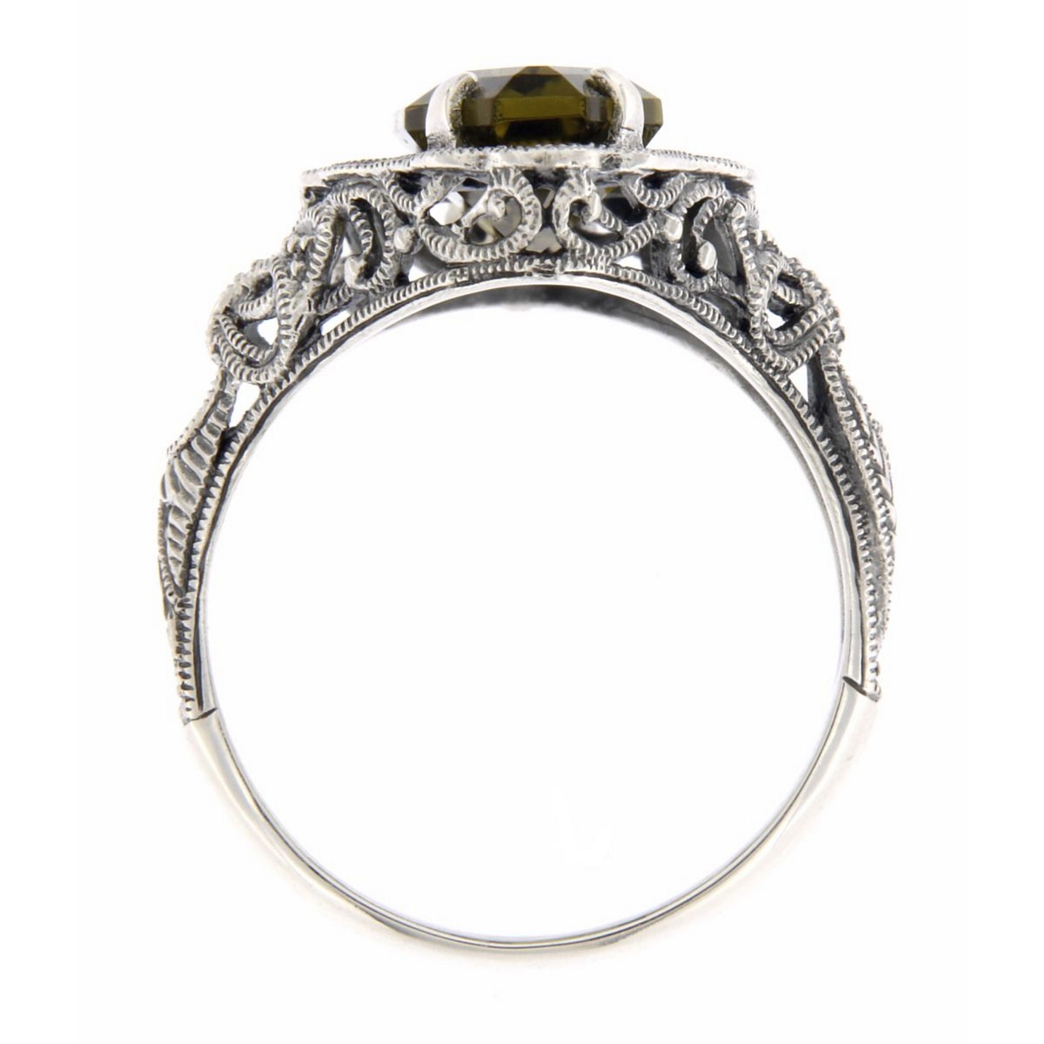 Back view of Art Deco Style 4 Carat Olive Quartz Filigree Ring showing 925 sterling silver hallmark