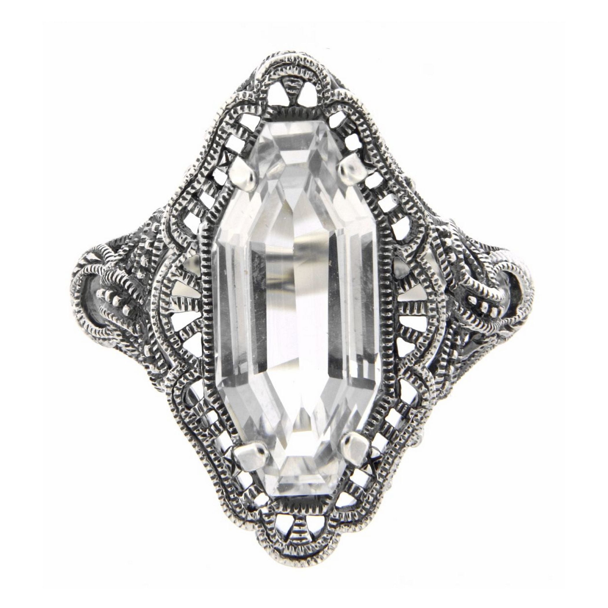 Detail view of Art Deco Style 4 Carat White Topaz Filigree Ring highlighting White Topaz