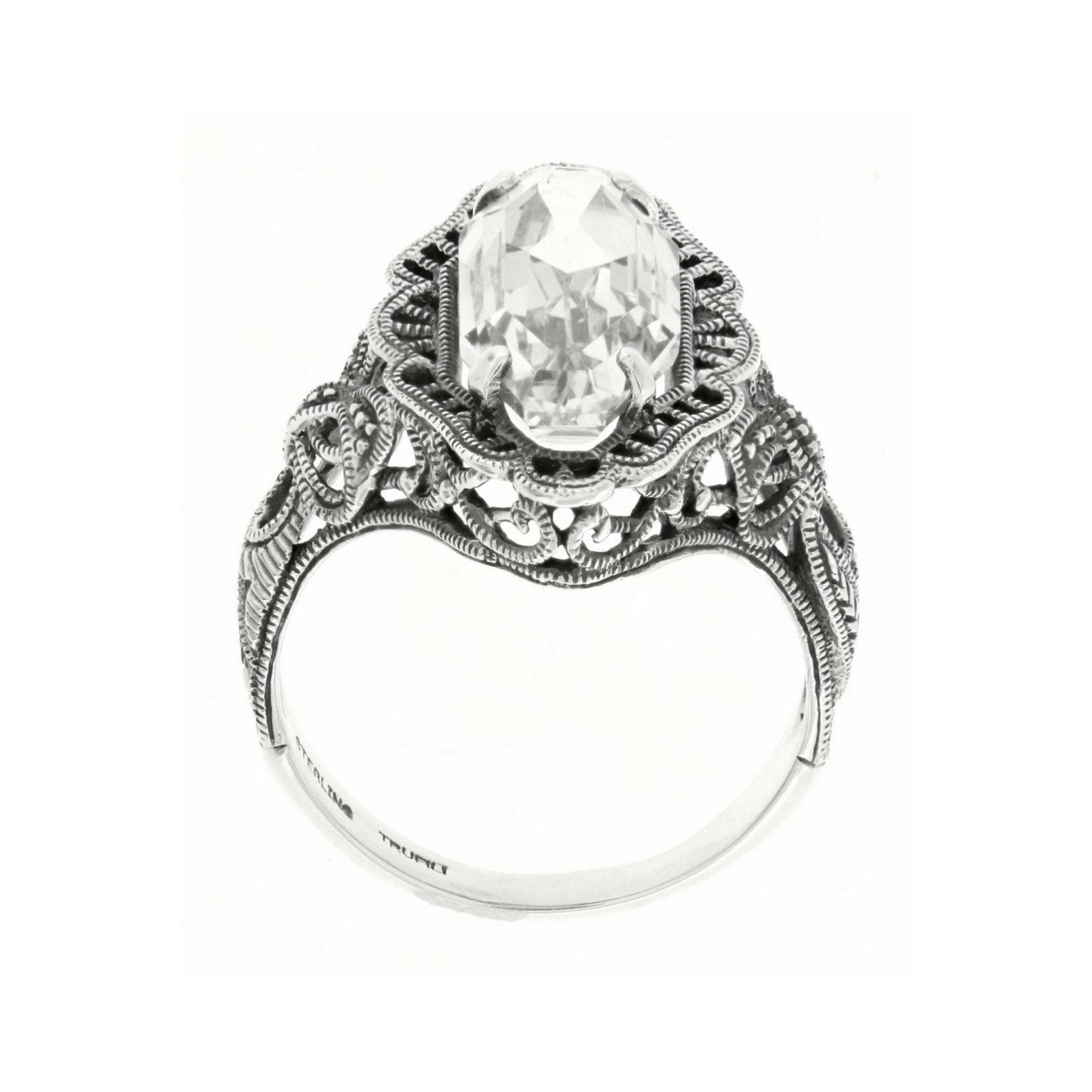 Back view of Art Deco Style 4 Carat White Topaz Filigree Ring showing 925 sterling silver hallmark