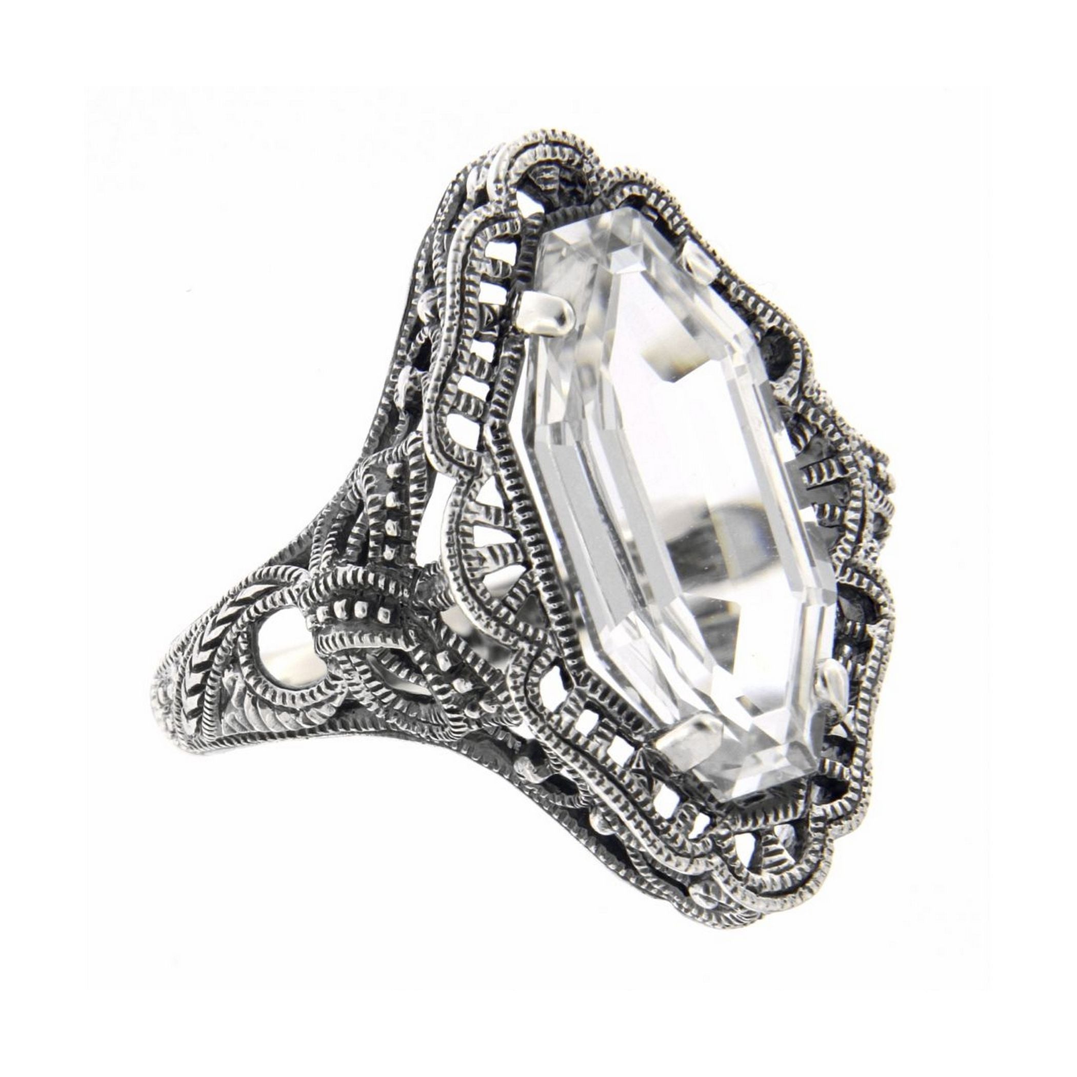 Art Deco style, White Topaz, sterling silver rings, front view