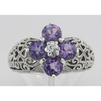 Detail view of Classic Victorian Style Amethyst Filigree Ring CZ Center - Sterling Silver Flower Ring highlighting Amethyst, 