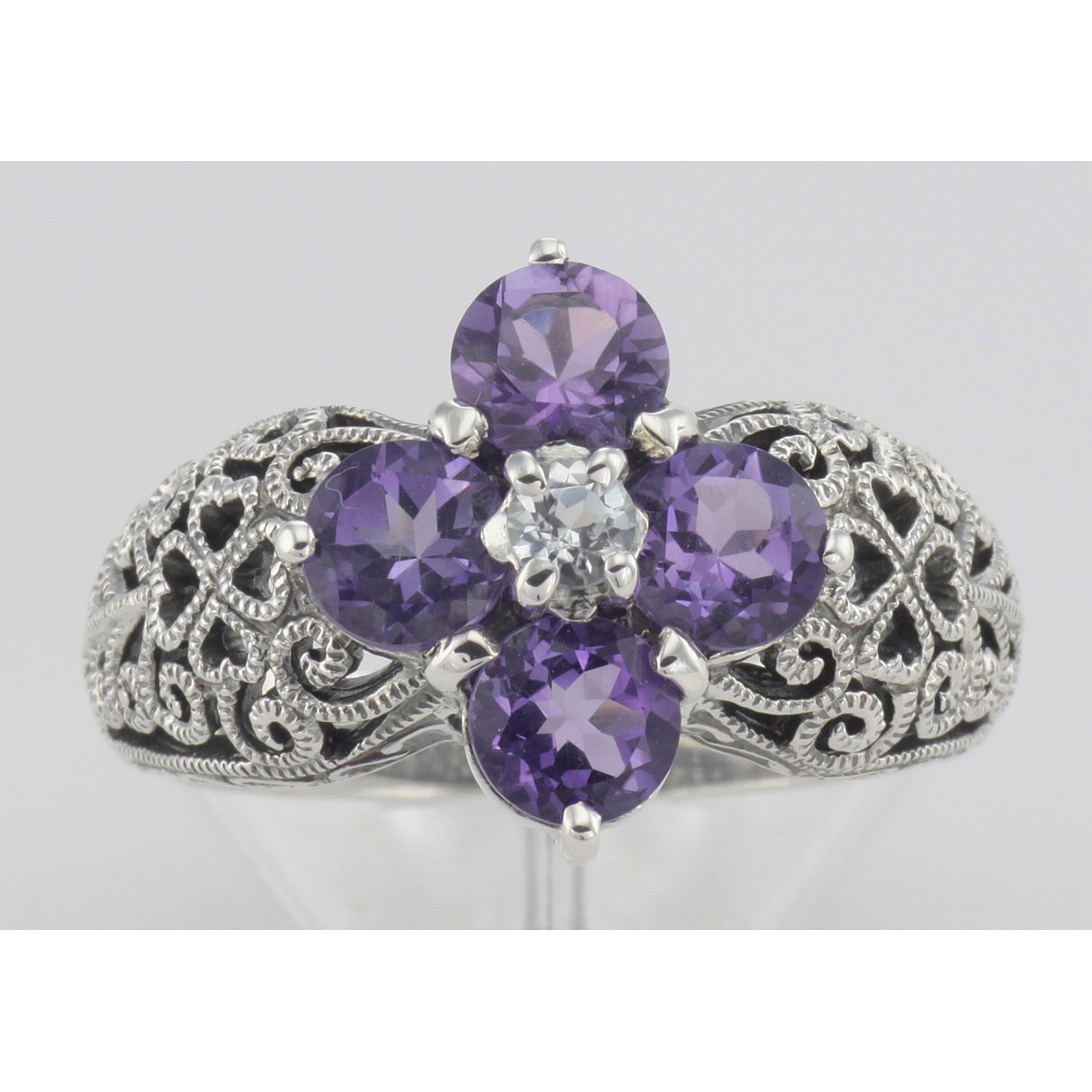 Detail view of Classic Victorian Style Amethyst Filigree Ring CZ Center - Sterling Silver Flower Ring highlighting Amethyst, 