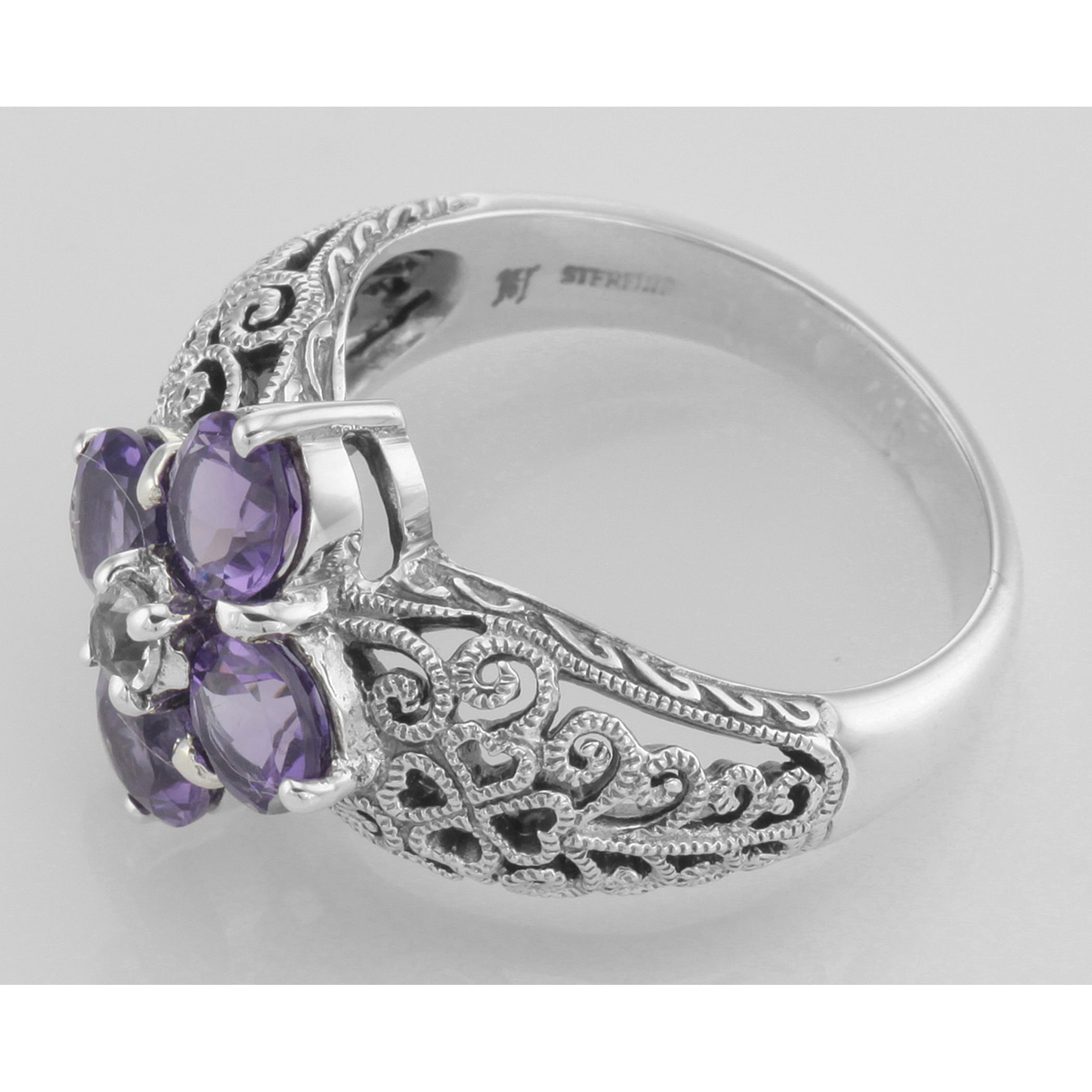 Back view of Classic Victorian Style Amethyst Filigree Ring CZ Center - Sterling Silver Flower Ring showing 925 sterling silv