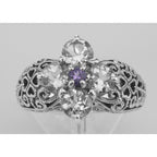 Detail view of ONLY 1 IN STOCK - Classic Amethyst Filigree Ring w/ CZ - Sterling Silver Flower Ring highlighting Amethyst, CZ