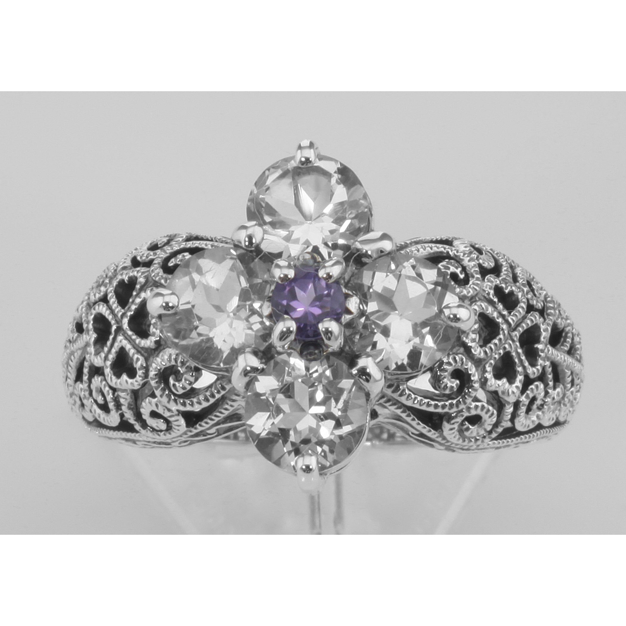 Detail view of ONLY 1 IN STOCK - Classic Amethyst Filigree Ring w/ CZ - Sterling Silver Flower Ring highlighting Amethyst, CZ