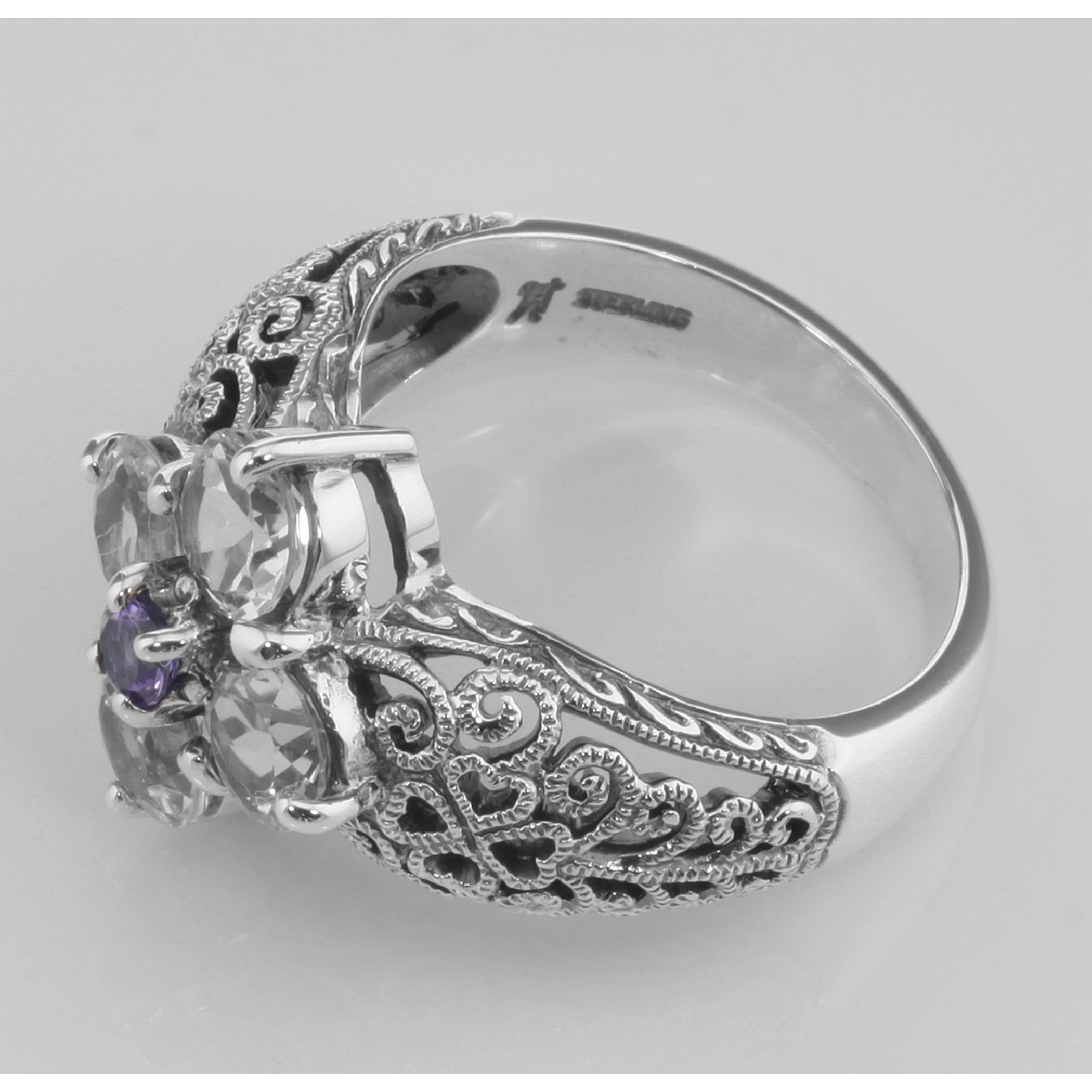 Back view of ONLY 1 IN STOCK - Classic Amethyst Filigree Ring w/ CZ - Sterling Silver Flower Ring showing 925 sterling silver
