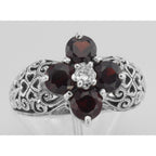 Detail view of Classic Victorian Style Garnet Filigree Ring w/ CZ Center - Sterling Silver Flower Ring highlighting Garnet, C