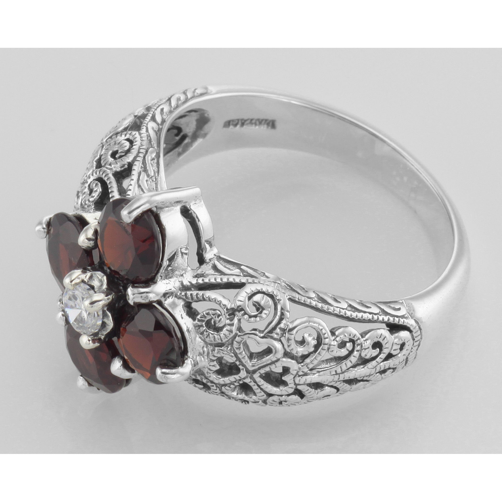 Back view of Classic Victorian Style Garnet Filigree Ring w/ CZ Center - Sterling Silver Flower Ring showing 925 sterling sil