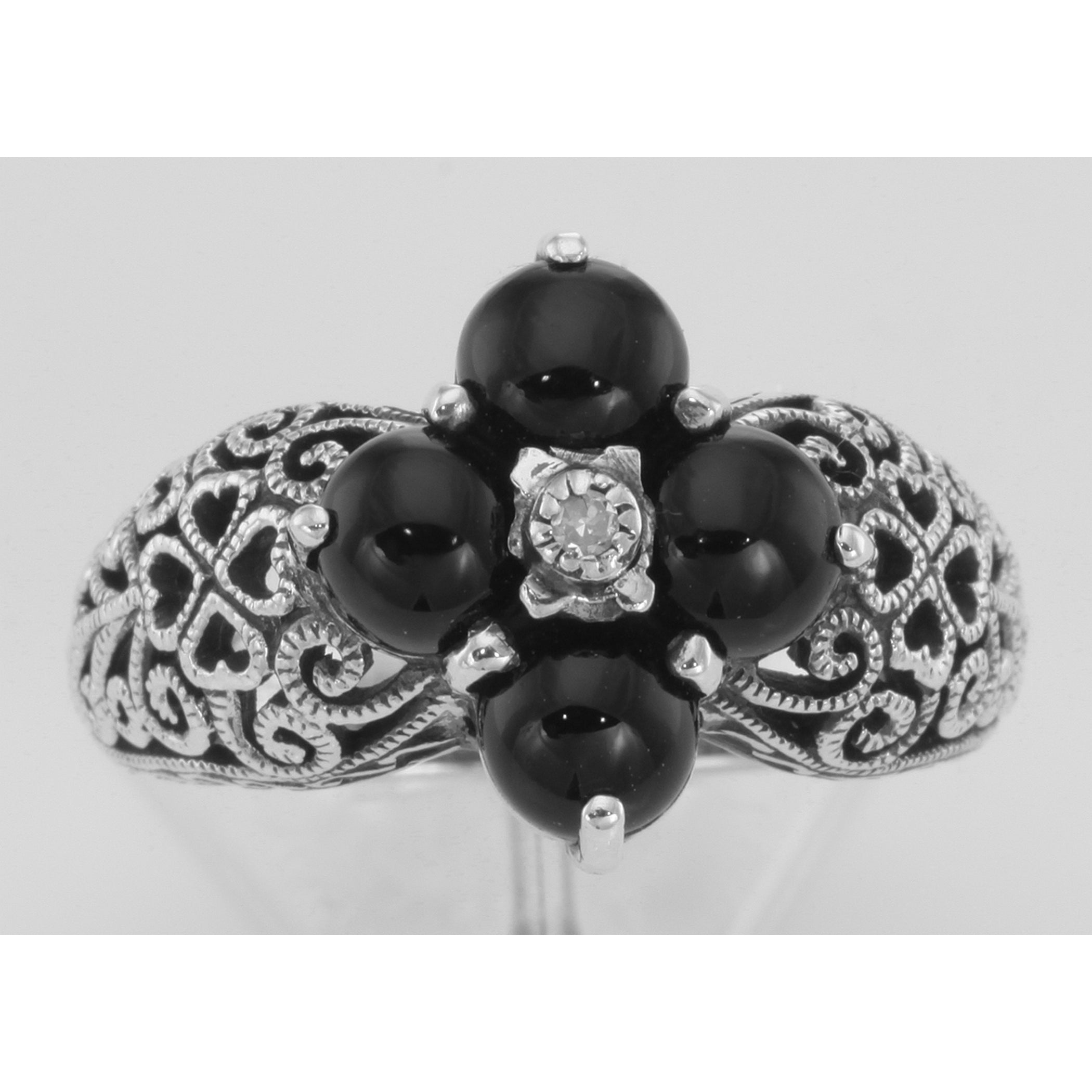 Detail view of ONLY 1 IN STOCK - Art Deco Style Black Onyx Filigree Ring w/ Diamond - Sterling Silver Flower Ring highlightin