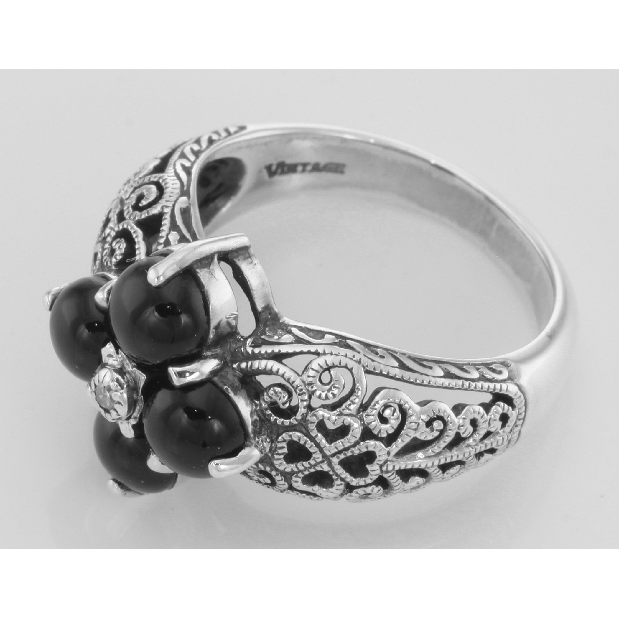 Back view of ONLY 1 IN STOCK - Art Deco Style Black Onyx Filigree Ring w/ Diamond - Sterling Silver Flower Ring showing 925 s